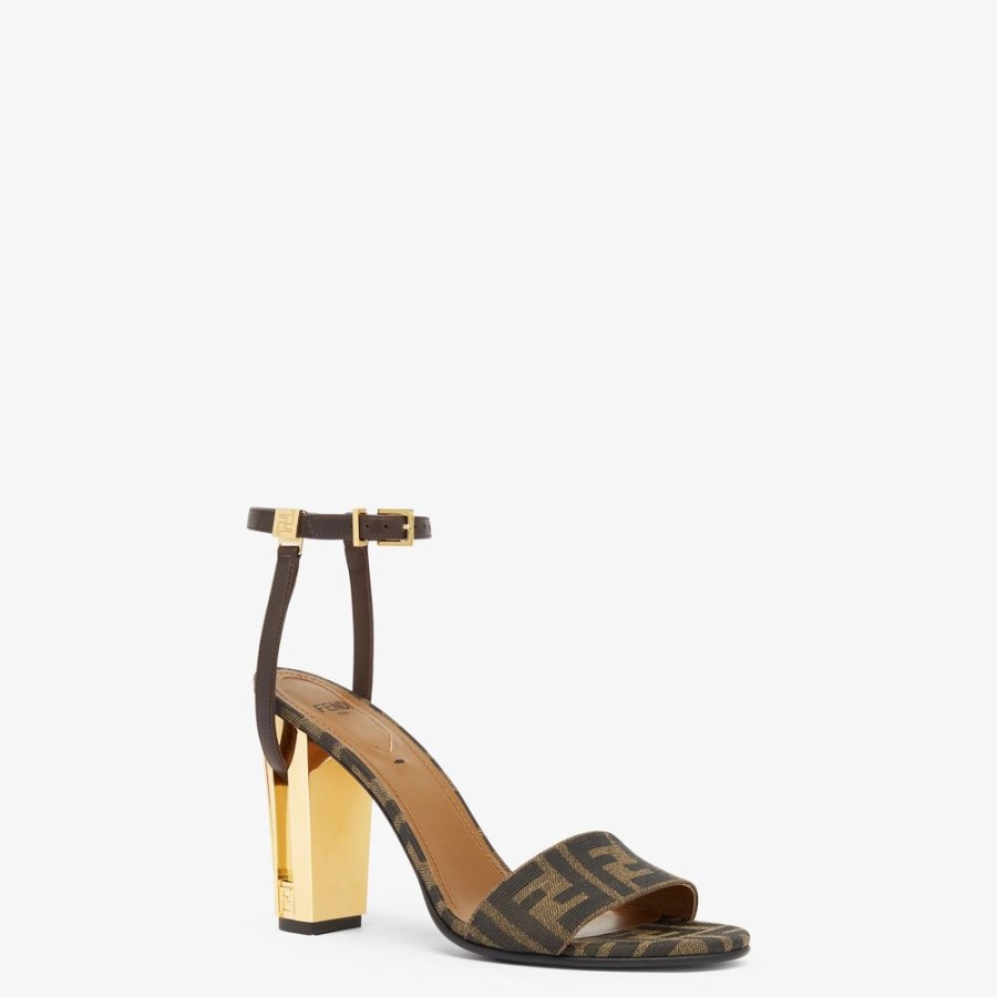 Donna Fendi Slides E Sandali | Sandalo Con Tacco Alto In Tessuto Marrone