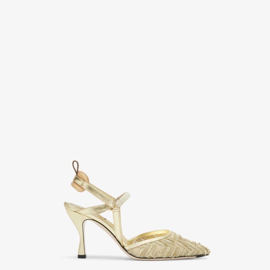 Donna Fendi Decollete | Slingback Tacco Alto In Rete Oro