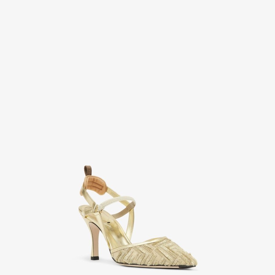 Donna Fendi Decollete | Slingback Tacco Alto In Rete Oro