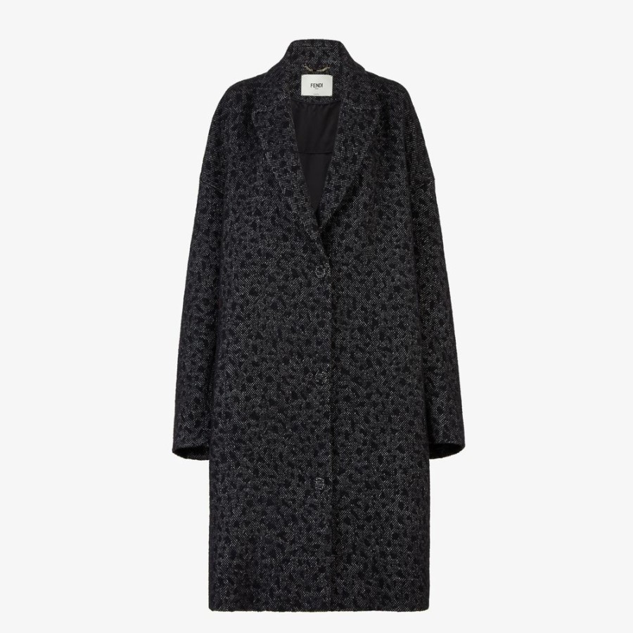 Donna Fendi Cappotti E Capispalla | Cappotto In Lana Animalier Nero