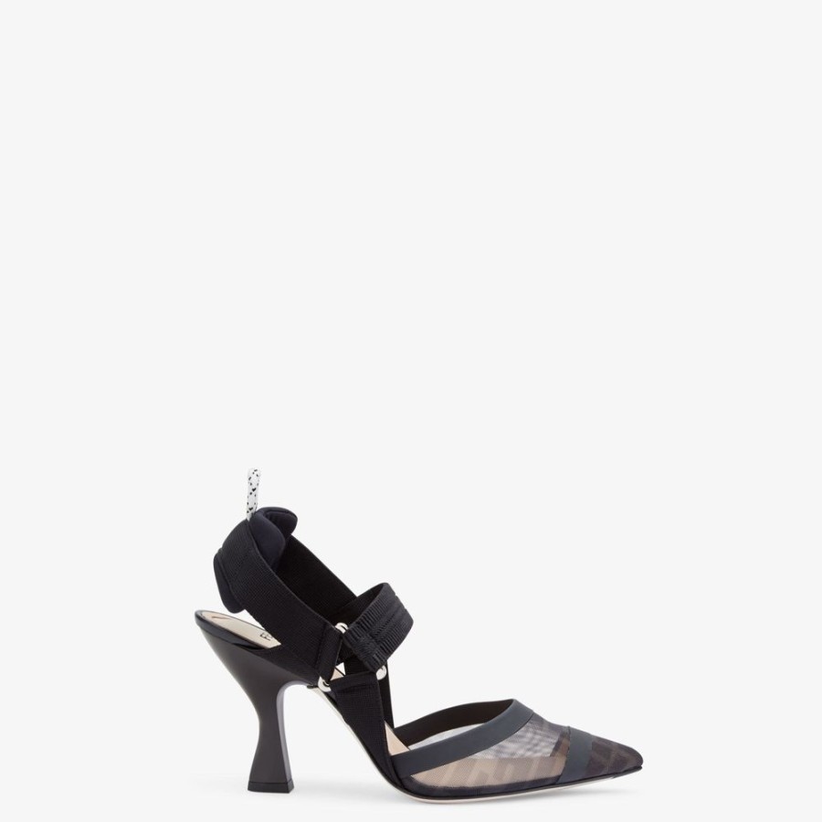 Donna Fendi Decollete | Slingback Tacco Alto In Rete E Pelle Nera