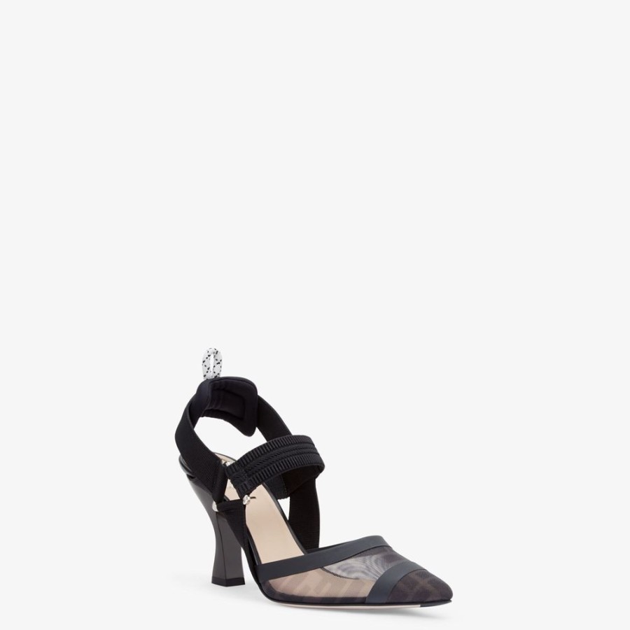 Donna Fendi Decollete | Slingback Tacco Alto In Rete E Pelle Nera