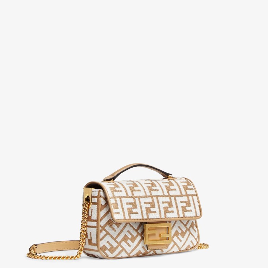 Donna Fendi Borse A Spalla E Tracolle | Borsa In Rafia Con Motivo Ff In Tessuto Tapestry Bianco