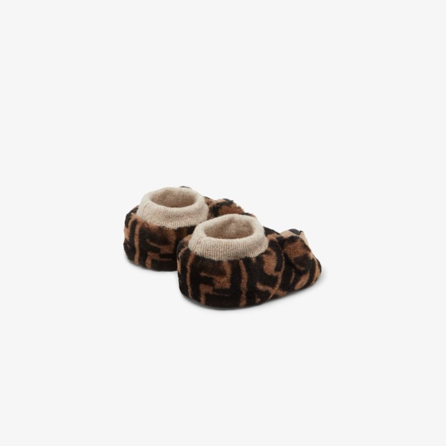 Bambini Fendi Bambina | Pantofoline Baby In Shearling Con Logo Fendi