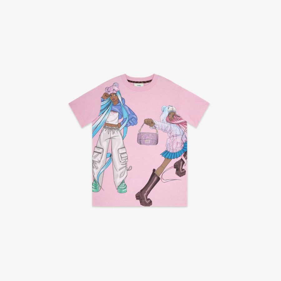 Bambini Fendi Abbigliamento | T-Shirt Junior In Jersey Rosa E Multicolor