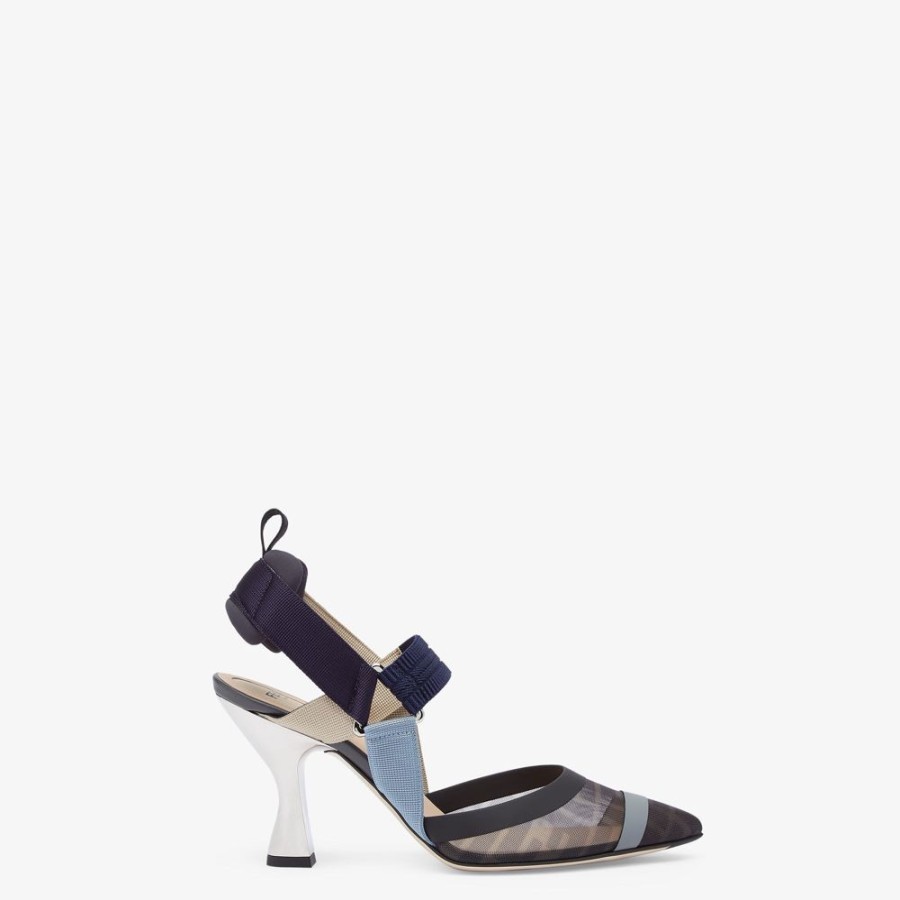 Donna Fendi Decollete | Slingback Tacco Alto In Rete Blu