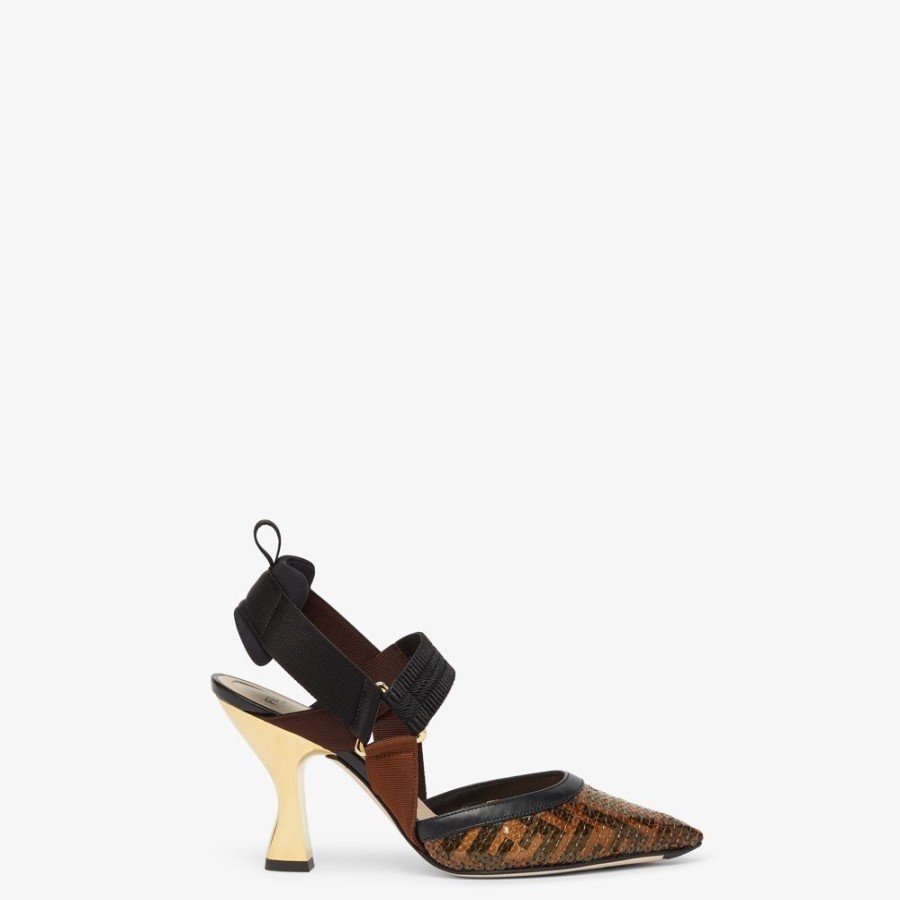 Donna Fendi Decollete | Slingback Tacco Alto In Rete Nera