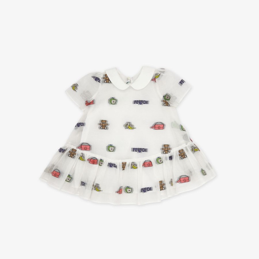 Bambini Fendi Bambina | Abito Baby In Organza Bianco E Multicolor