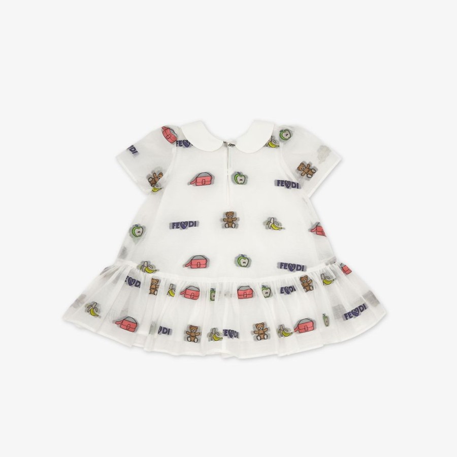 Bambini Fendi Bambina | Abito Baby In Organza Bianco E Multicolor