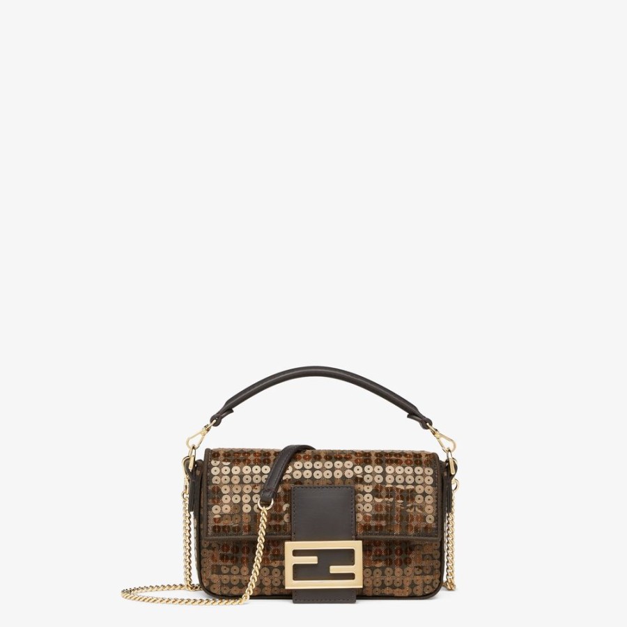 Donna Fendi Borse Mini | Borsa In Tessuto Ff Jacquard Marrone Con Paillette