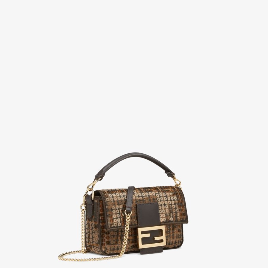 Donna Fendi Borse Mini | Borsa In Tessuto Ff Jacquard Marrone Con Paillette