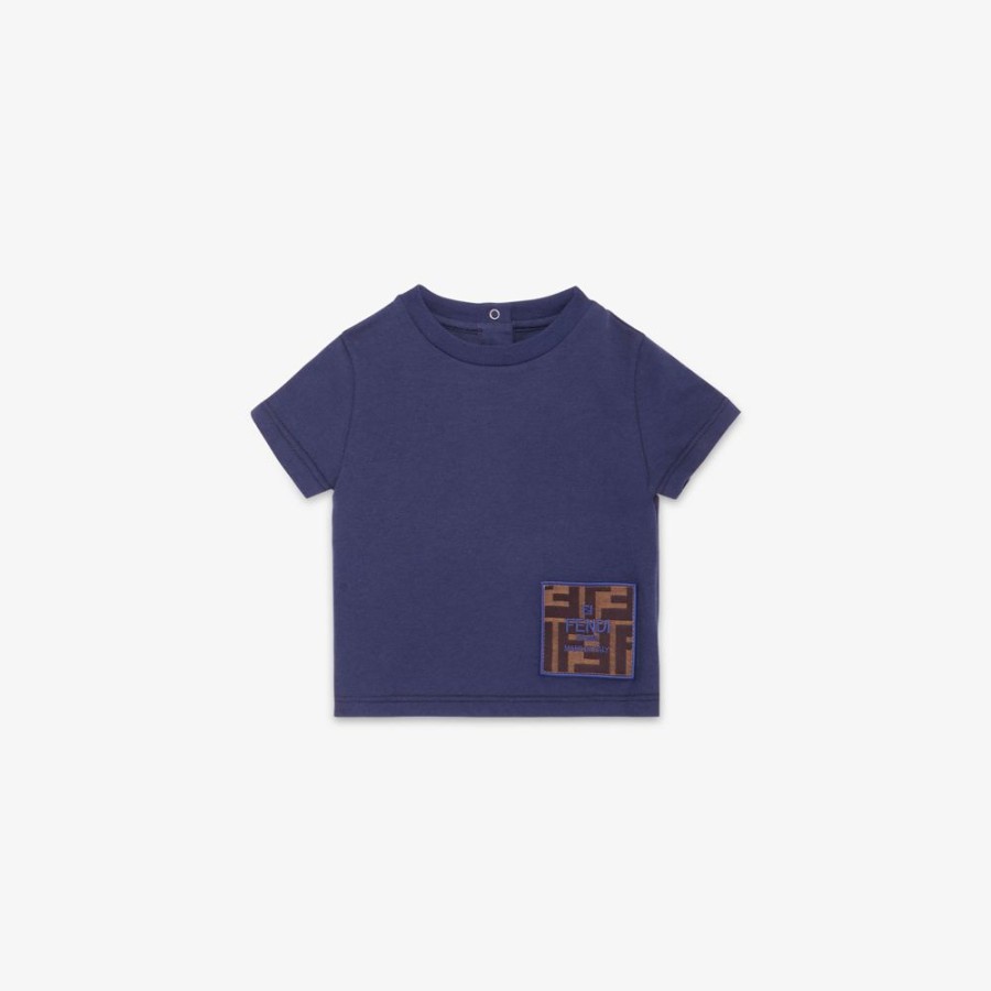 Bambini Fendi Bambina | T-Shirt Baby In Jersey Blu Con Patch