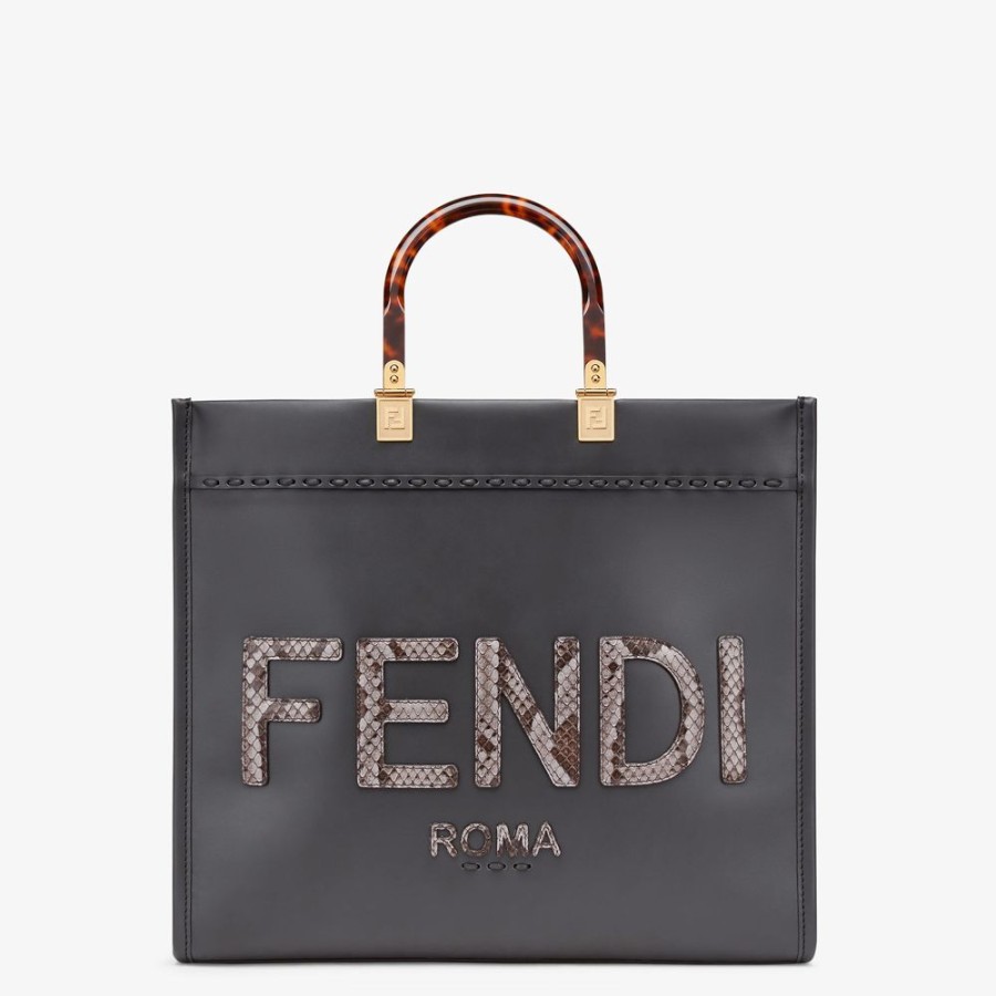 Donna Fendi Pelli Pregiate | Shopper In Pelle Grigio Scuro Ed Elaphe