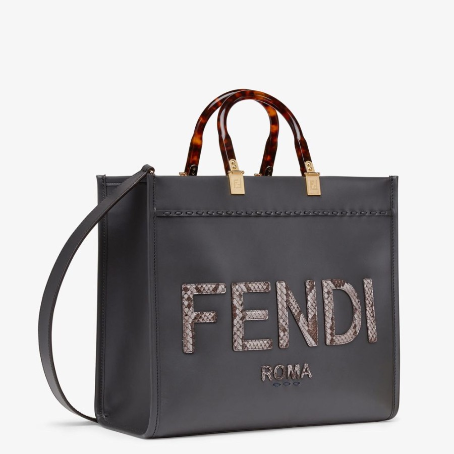 Donna Fendi Pelli Pregiate | Shopper In Pelle Grigio Scuro Ed Elaphe