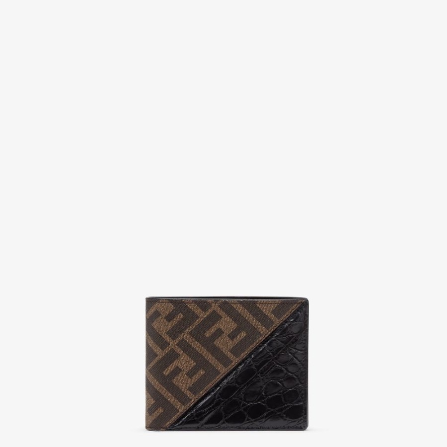 Uomo Fendi Portafogli | Bi-Fold In Tessuto Marrone E Caimano Nero