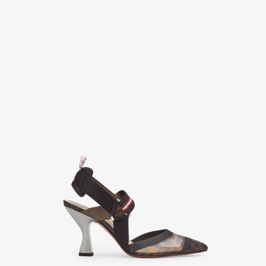 Donna Fendi Decollete | Slingback Tacco Alto In Rete Tecnica Multicolor