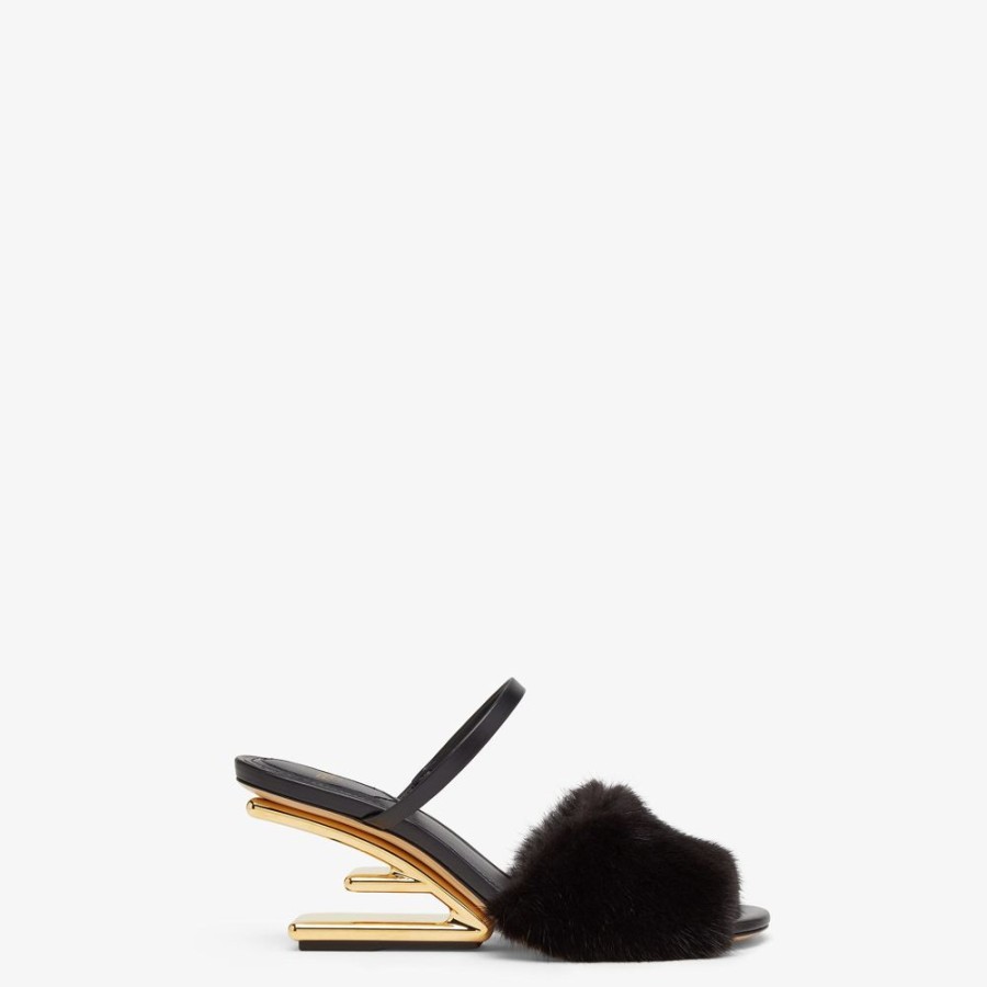 Donna Fendi Slides E Sandali | Sandalo Tacco Medio In Visone Nero