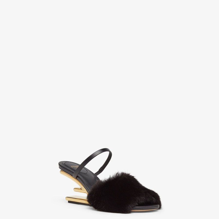 Donna Fendi Slides E Sandali | Sandalo Tacco Medio In Visone Nero