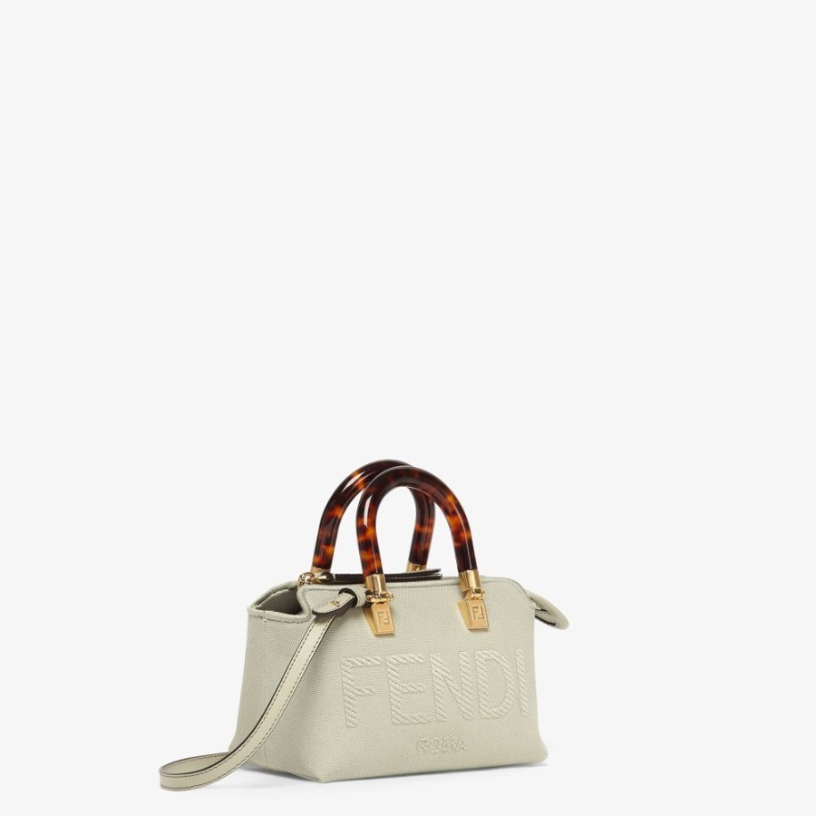 Donna Fendi Borse Mini | Bauletto Piccolo In Canvas Verde Chiaro Con Ricamo Fendi Roma