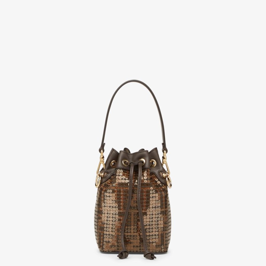 Donna Fendi Borse Mini | Minibag In Tessuto Ff Jacquard Marrone Con Paillette