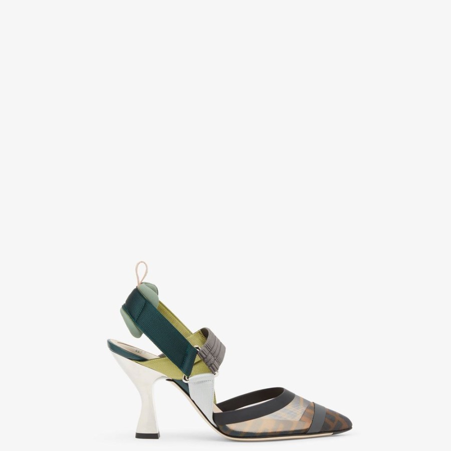 Donna Fendi Decollete | Slingback Tacco Alto In Rete Marrone