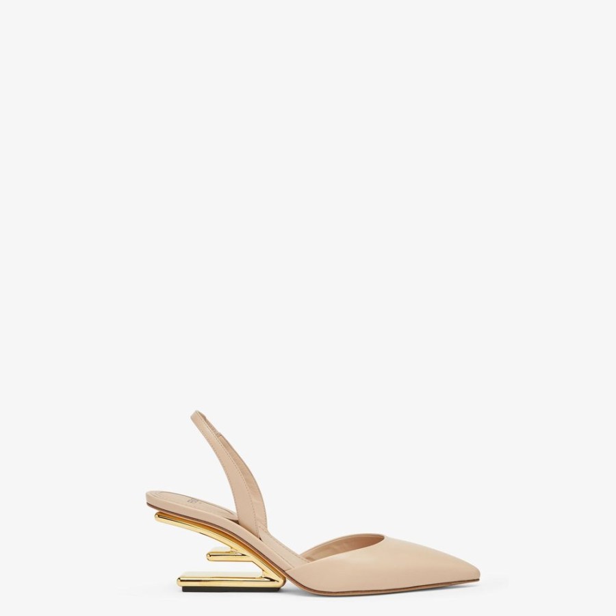 Donna Fendi Decollete | Slingback Tacco Medio In Pelle Beige