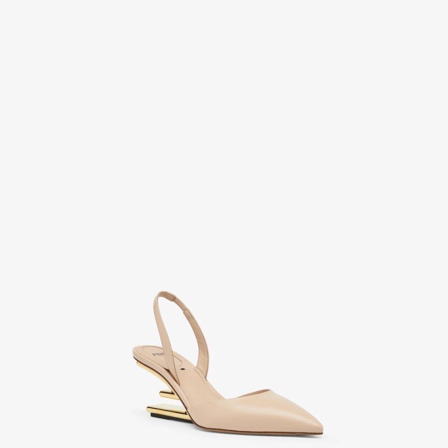 Donna Fendi Decollete | Slingback Tacco Medio In Pelle Beige