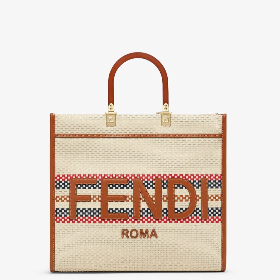 Donna Fendi Borse Tote | Shopper In Tessuto Effetto Intrecciato E Righe Multicolore