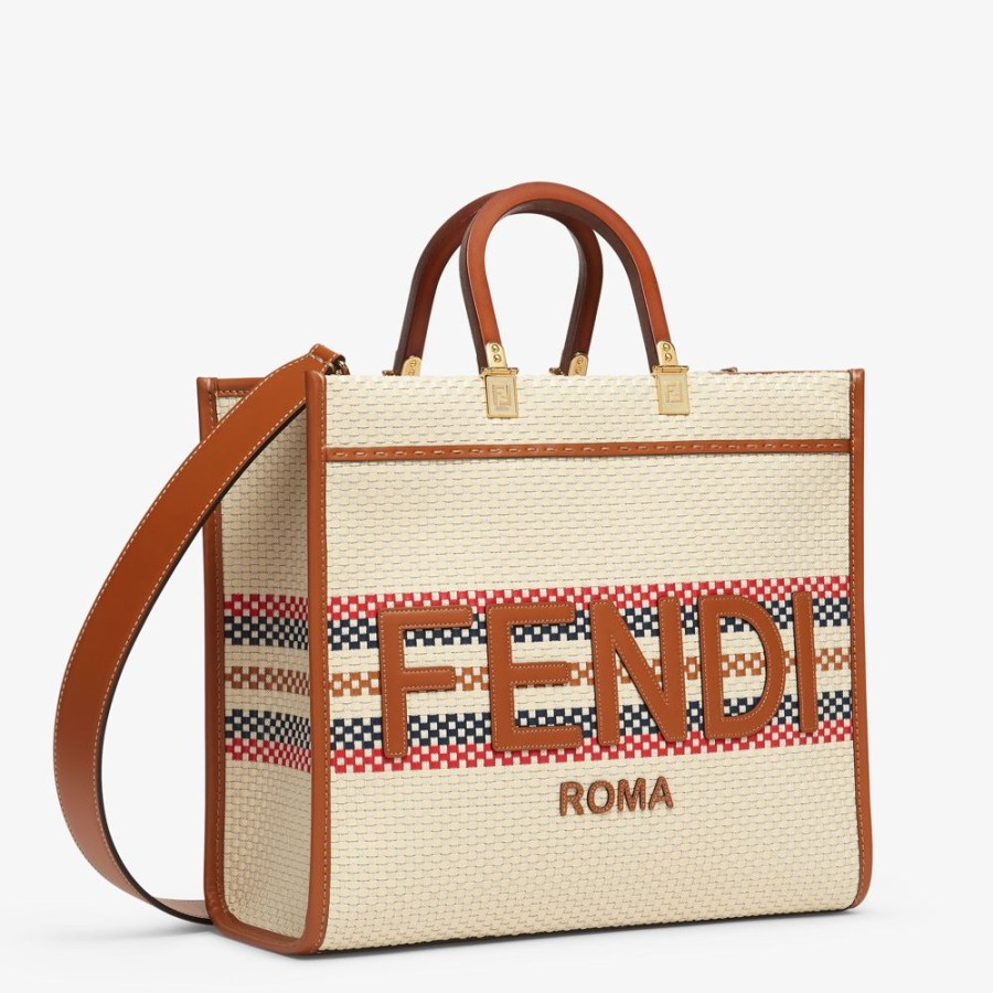 Donna Fendi Borse Tote | Shopper In Tessuto Effetto Intrecciato E Righe Multicolore