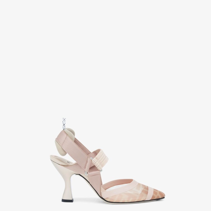 Donna Fendi Decollete | Slingback Tacco Alto In Rete Rosa E Pelle Nude