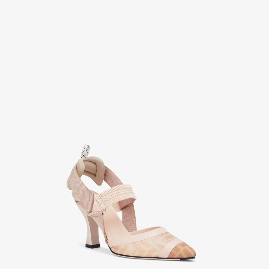 Donna Fendi Decollete | Slingback Tacco Alto In Rete Rosa E Pelle Nude