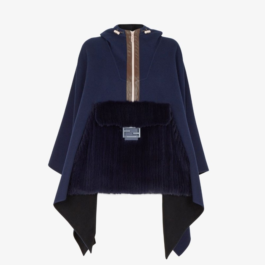 Donna Fendi Sciarpe E Poncho | Poncho In Lana E Visone Blu