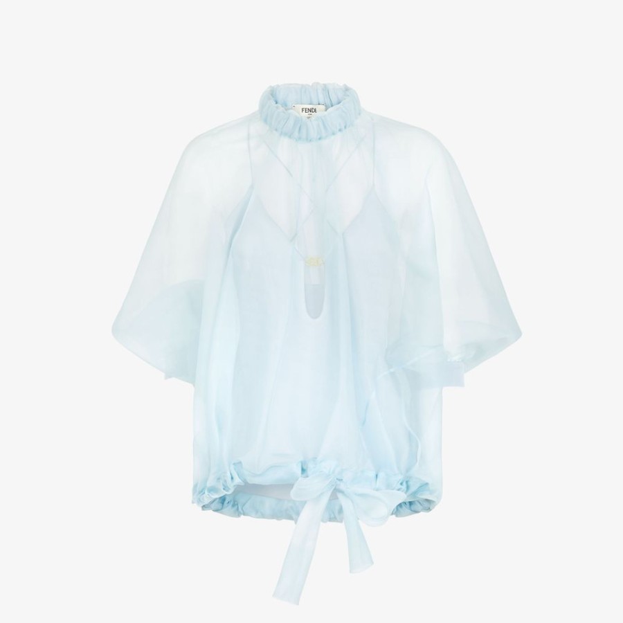 Donna Fendi Top E Camicie | Top In Organza Di Seta Azzurra