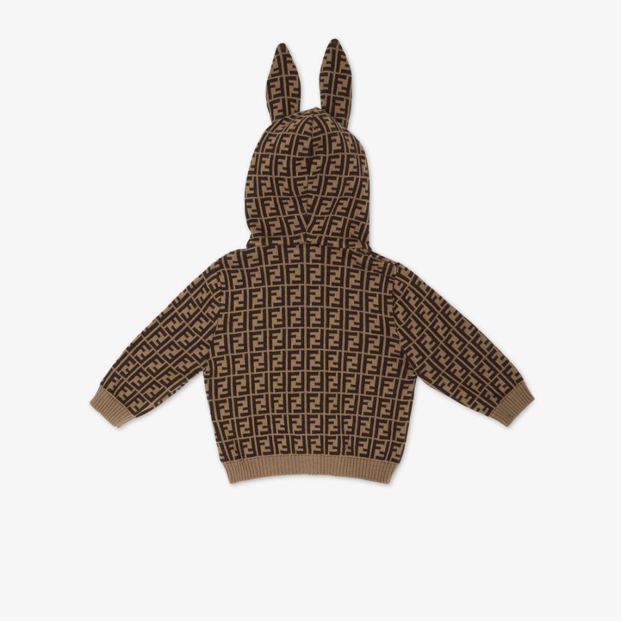 Bambini Fendi Bambina | Cardigan Baby In Cotone E Cashmere Con Orecchie E Logo Ff Color Tabacco