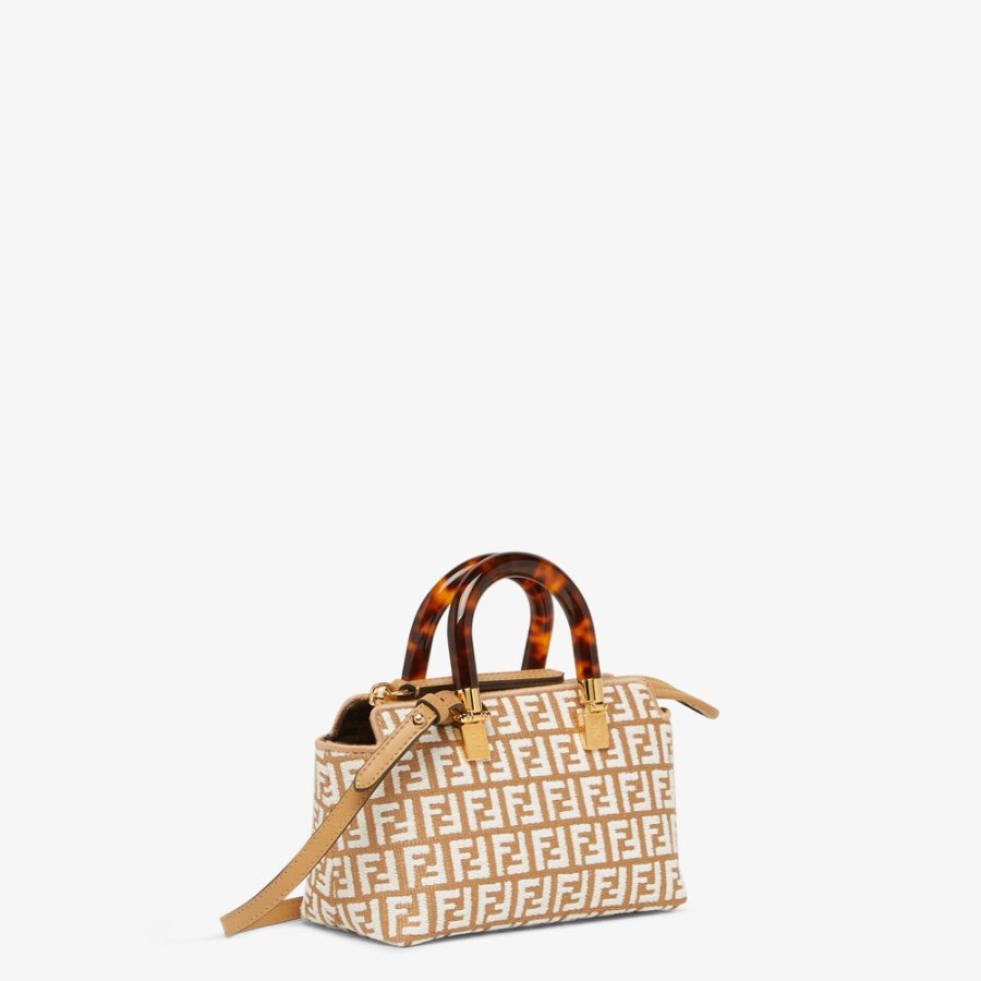 Donna Fendi Borse Mini | Bauletto Piccolo In Rafia Con Motivo Ff In Tessuto Tapestry Bianco