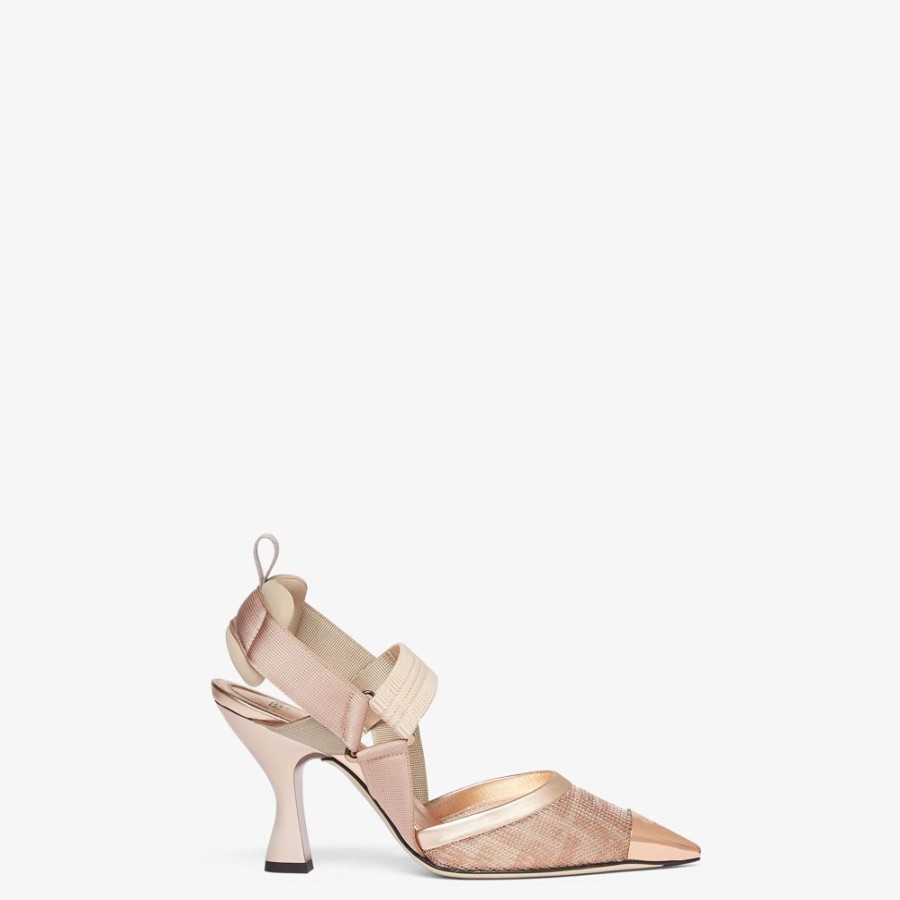 Donna Fendi Decollete | Slingback Tacco Alto In Rete Rosa