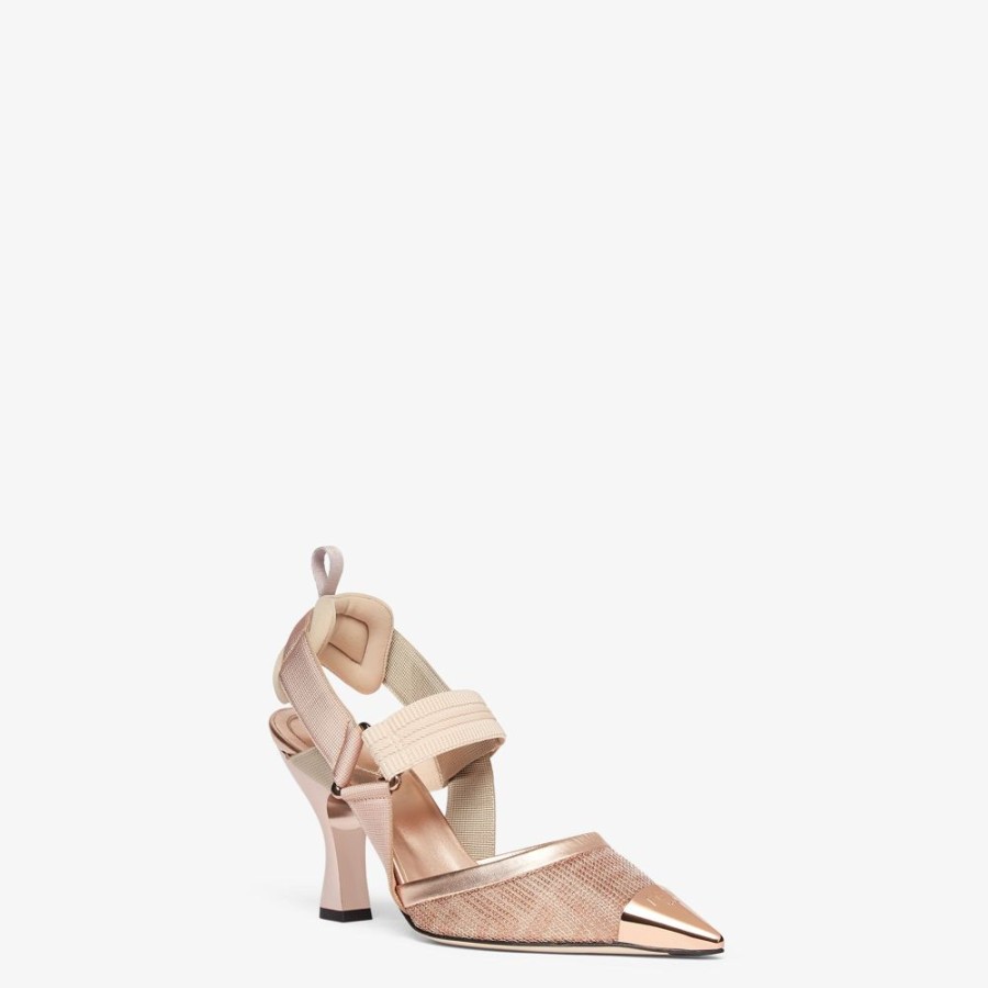 Donna Fendi Decollete | Slingback Tacco Alto In Rete Rosa