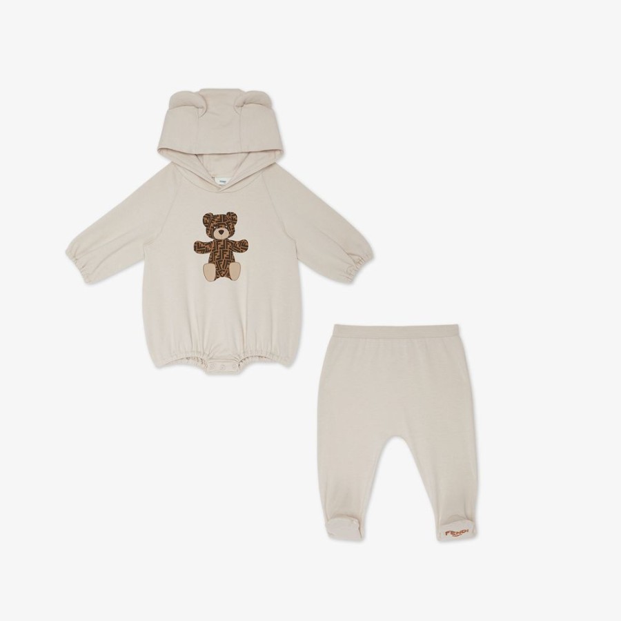 Bambini Fendi Bambina | Set Baby In Jersey Beige Con Stampa Orso