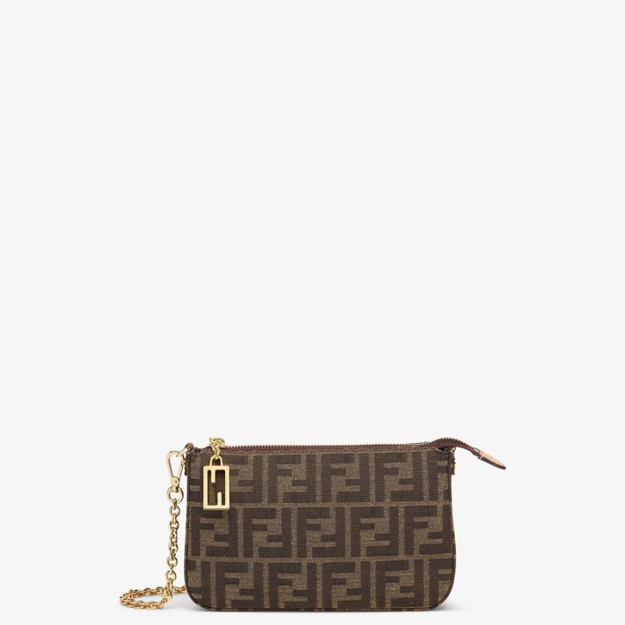 Donna Fendi Clutch E Pochette | Pouch Con Catena In Tessuto Ff Jacquard Marrone