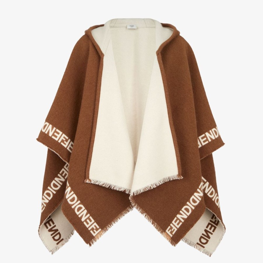 Donna Fendi Sciarpe E Poncho | Poncho In Lana Marrone E Beige