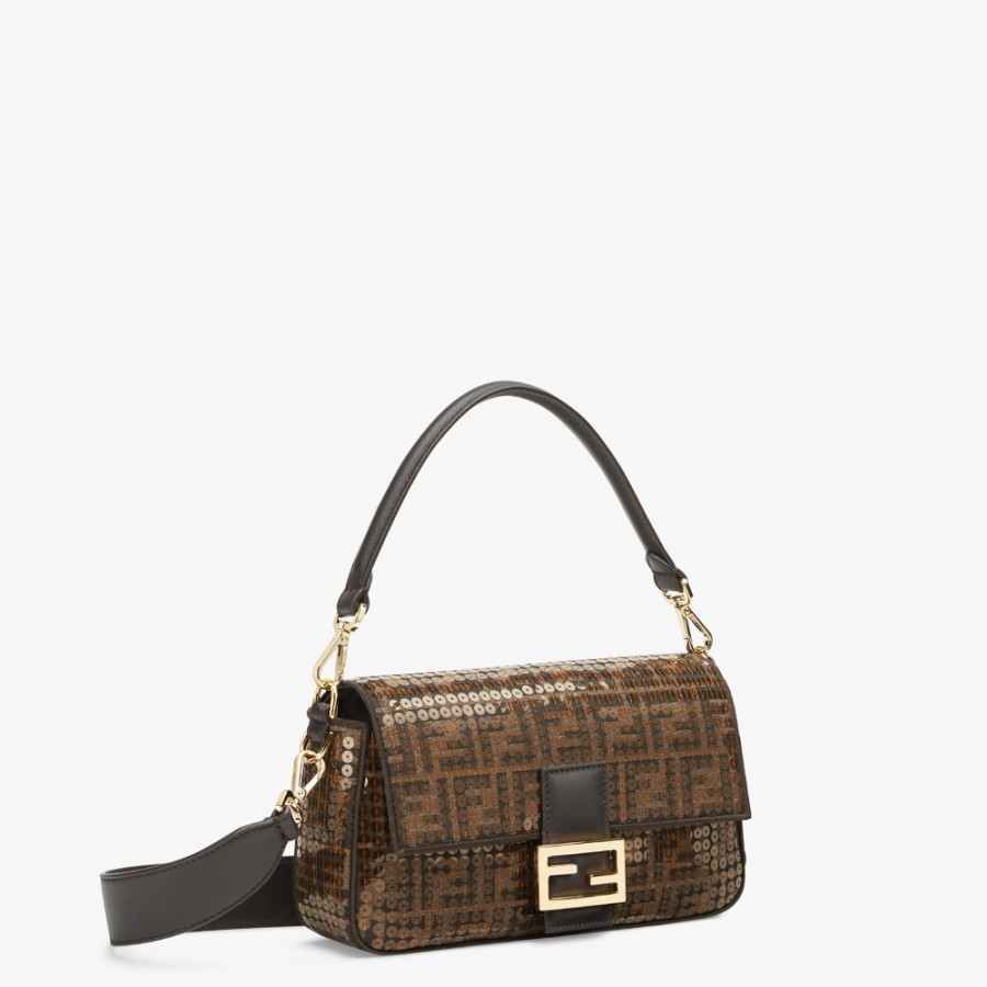 Donna Fendi Borse A Spalla E Tracolle | Borsa In Tessuto Ff Jacquard Marrone Con Paillette