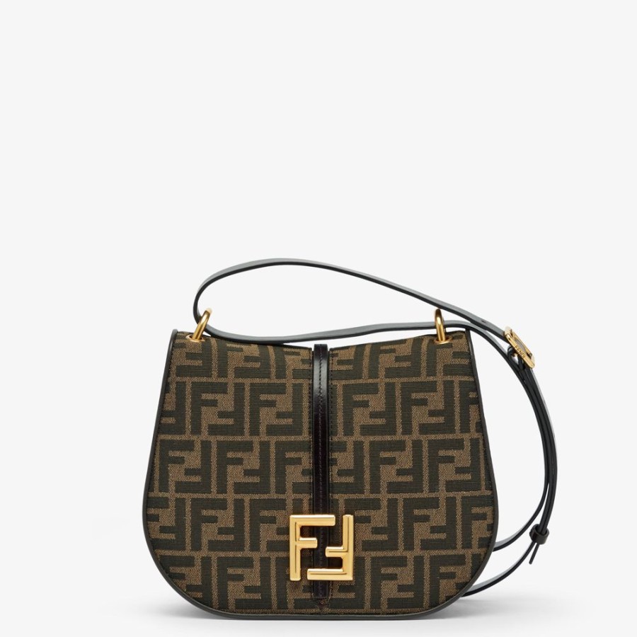 Donna Fendi Borse A Spalla E Tracolle | Borsa In Tessuto Ff Jacquard Marrone E Pelle