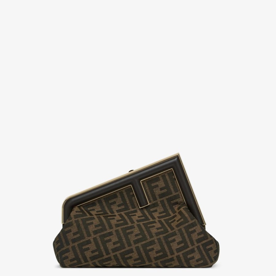 Donna Fendi Clutch E Pochette | Borsa In Tessuto Ff Jacquard Marrone