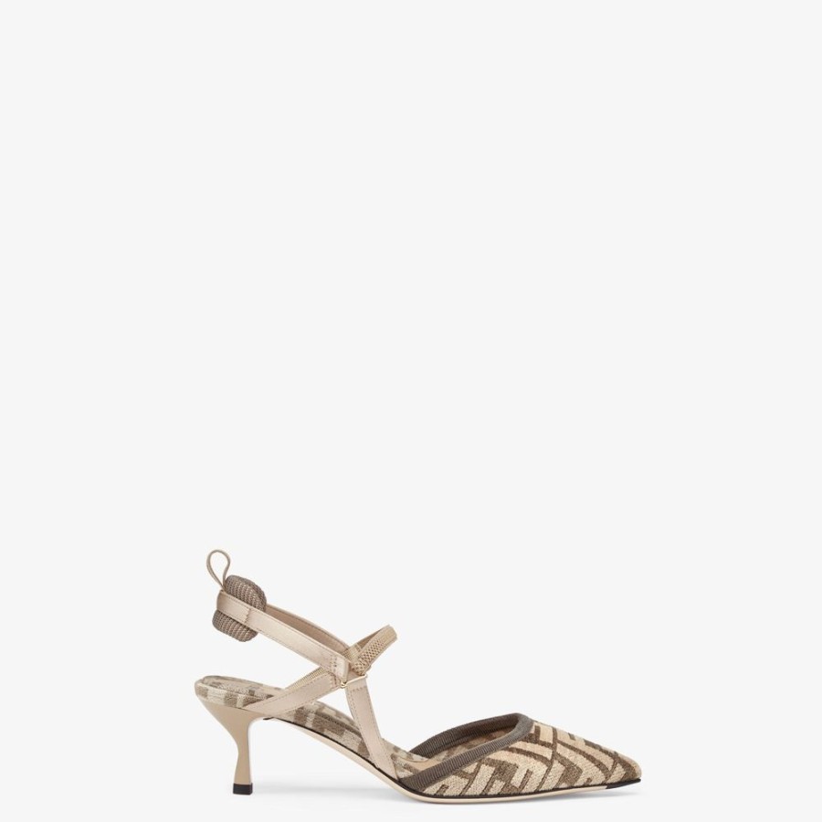 Donna Fendi Decollete | Slingback Tacco Medio In Ciniglia Ff Beige