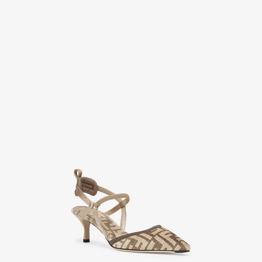 Donna Fendi Decollete | Slingback Tacco Medio In Ciniglia Ff Beige