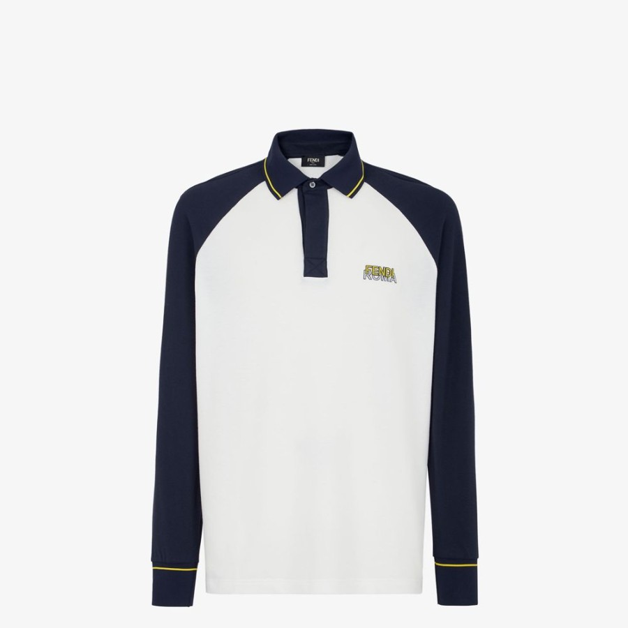 Uomo Fendi Activewear | Polo Da Golf In Piquet Bianco E Blu