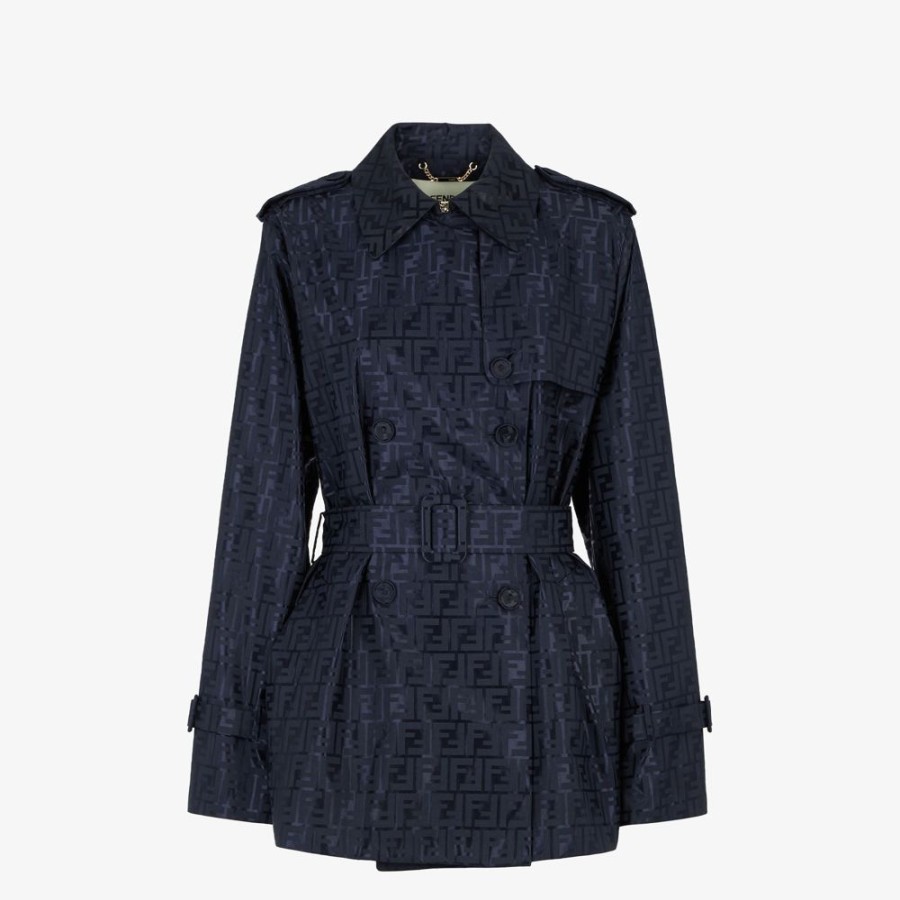 Donna Fendi Cappotti E Capispalla | Trench In Tessuto Ff Jacquard Blu