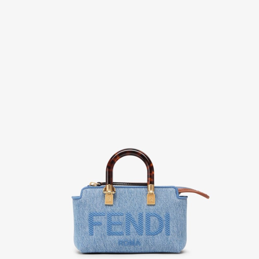 Donna Fendi Borse Mini | Borsa Boston Piccola In Denim Azzurro