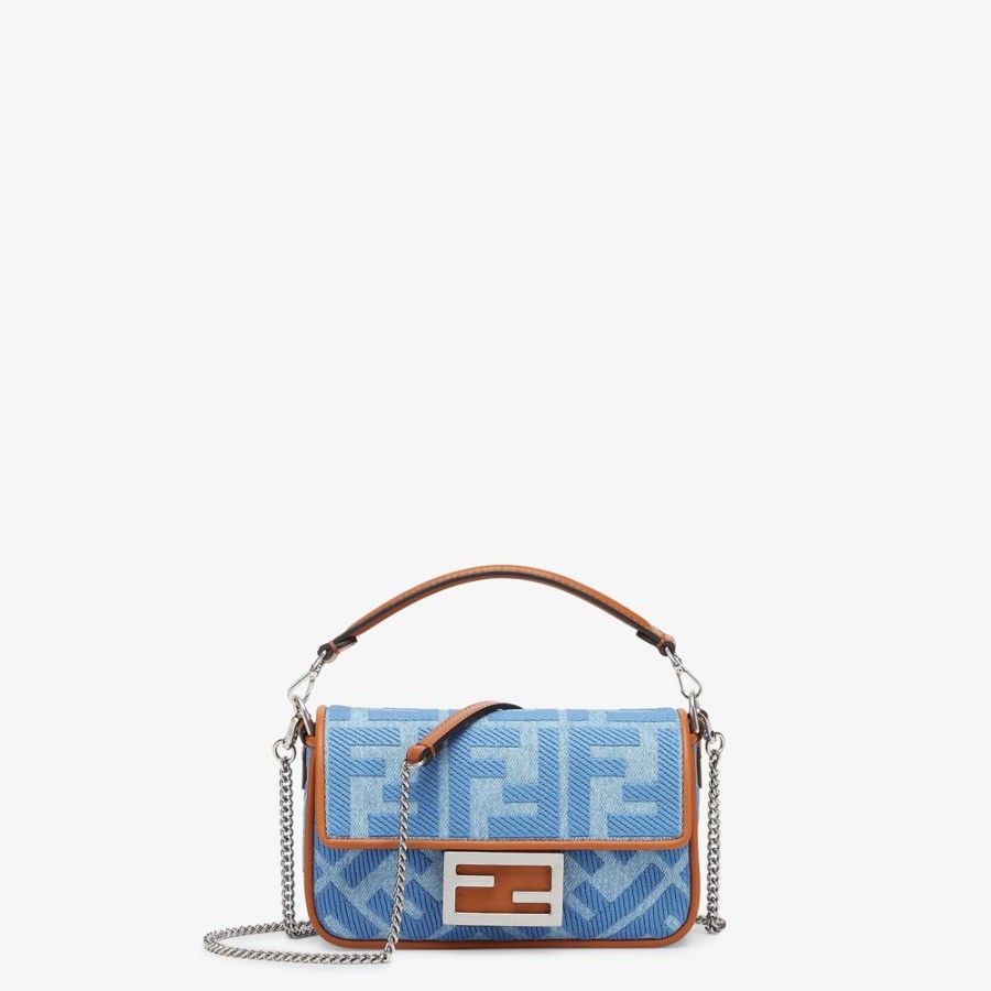 Donna Fendi Borse Mini | Borsa In Denim Azzurro Con Ricamo Ff