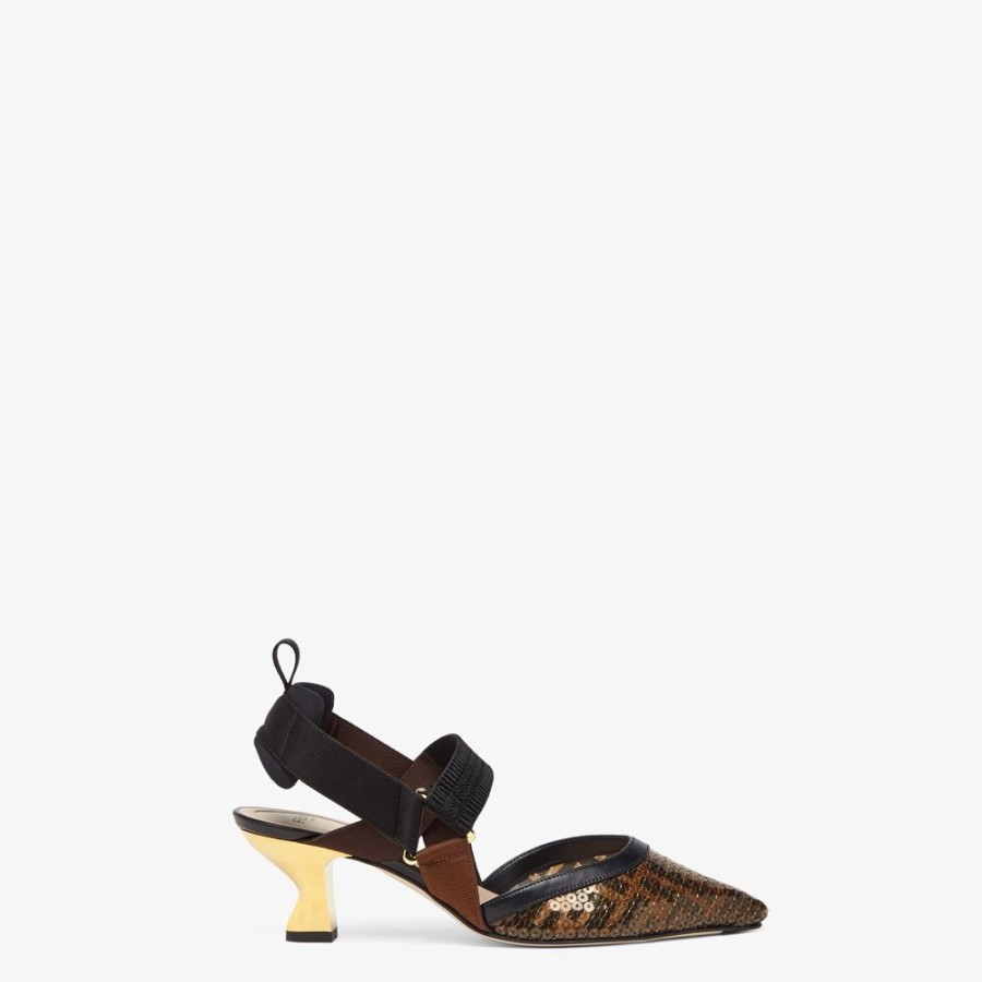 Donna Fendi Decollete | Slingback Tacco Medio In Rete Nera